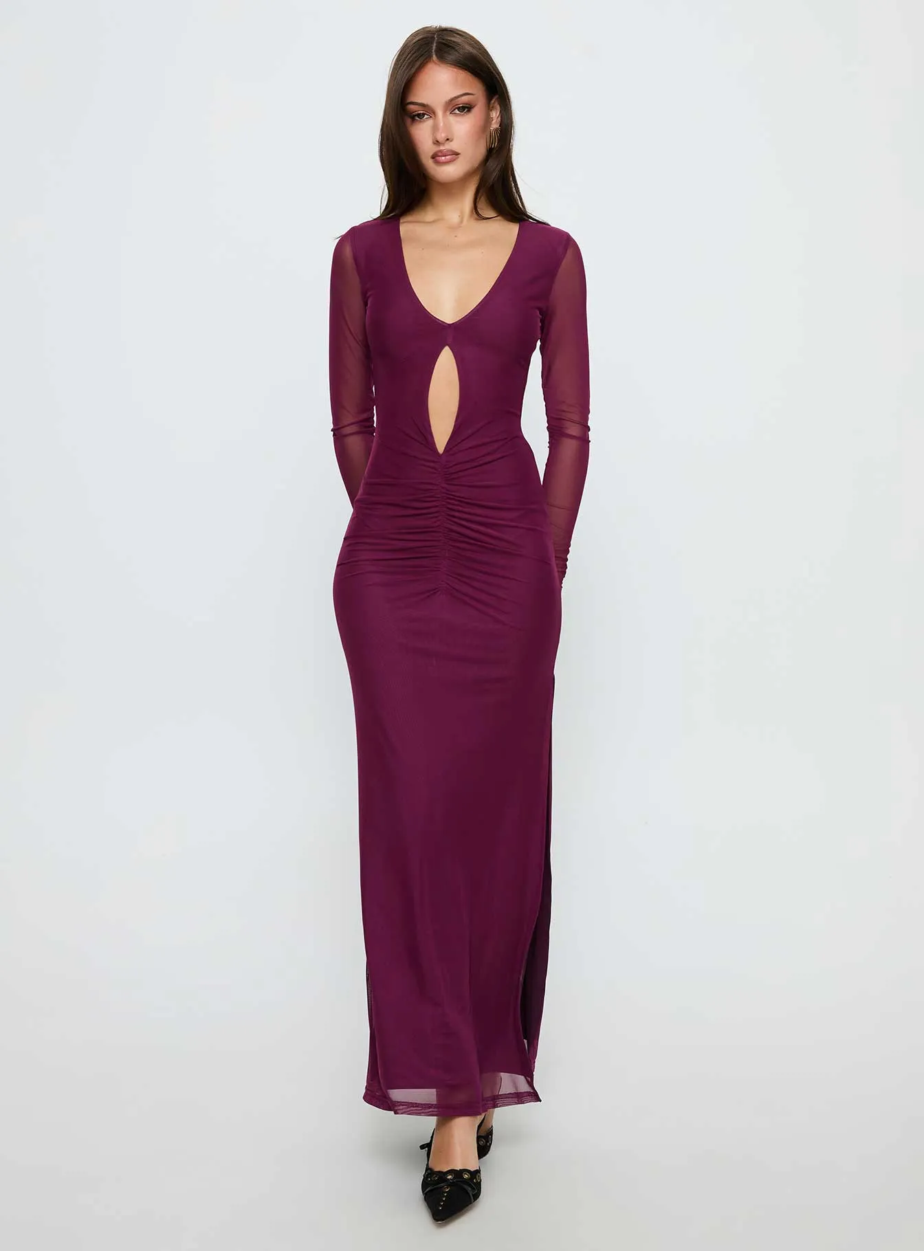 Darkside Long Sleeve Cut Out Plunge Maxi Dress Plum sold by Princess Polly