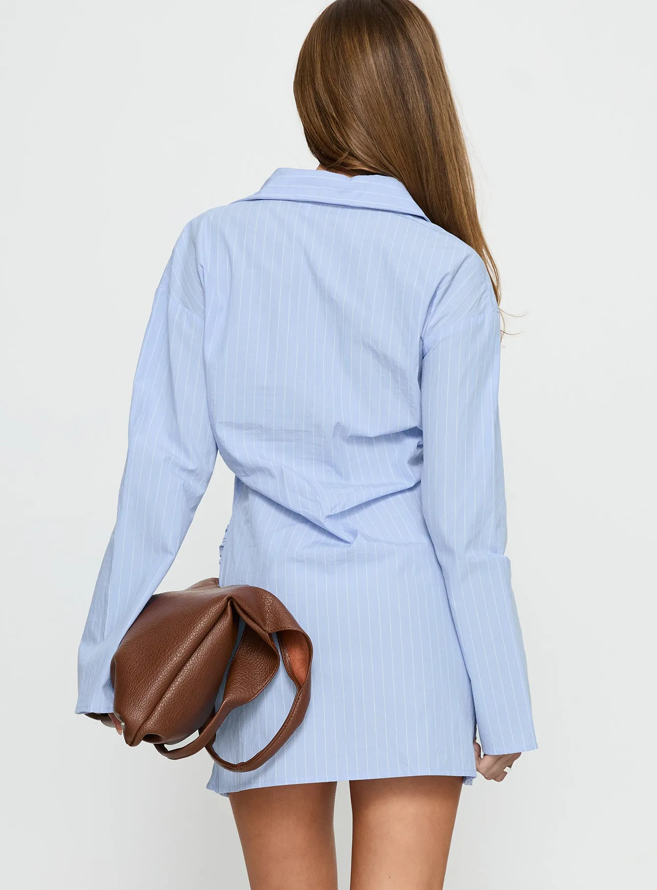 Well Versed Long Sleeve Ruched Shirt Mini Dress Blue sold by Princess Polly product image thumbnail 5