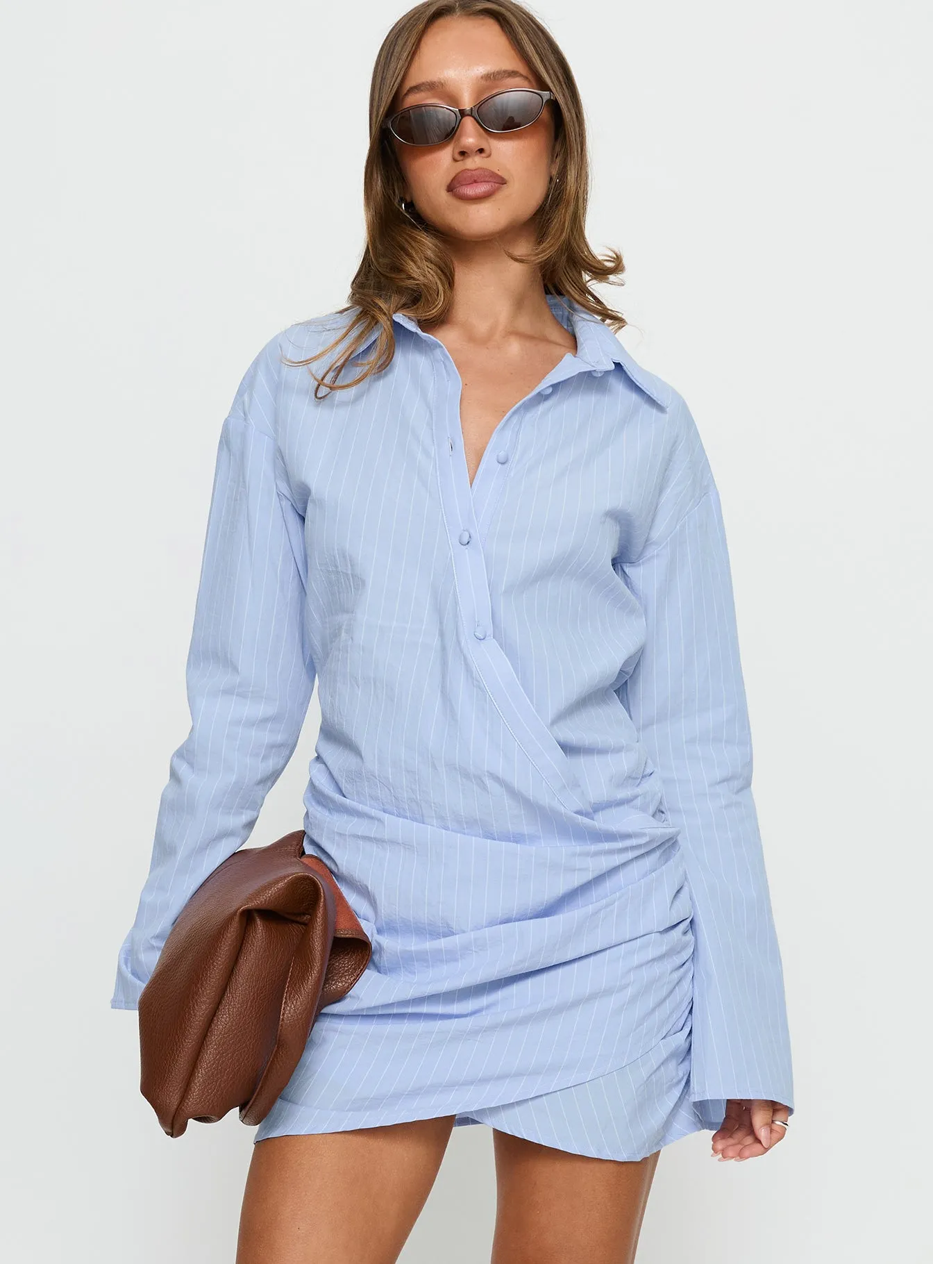 Well Versed Long Sleeve Ruched Shirt Mini Dress Blue sold by Princess Polly product image thumbnail 2