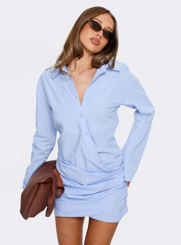 Well Versed Long Sleeve Ruched Shirt Mini Dress Blue sold by Princess Polly
