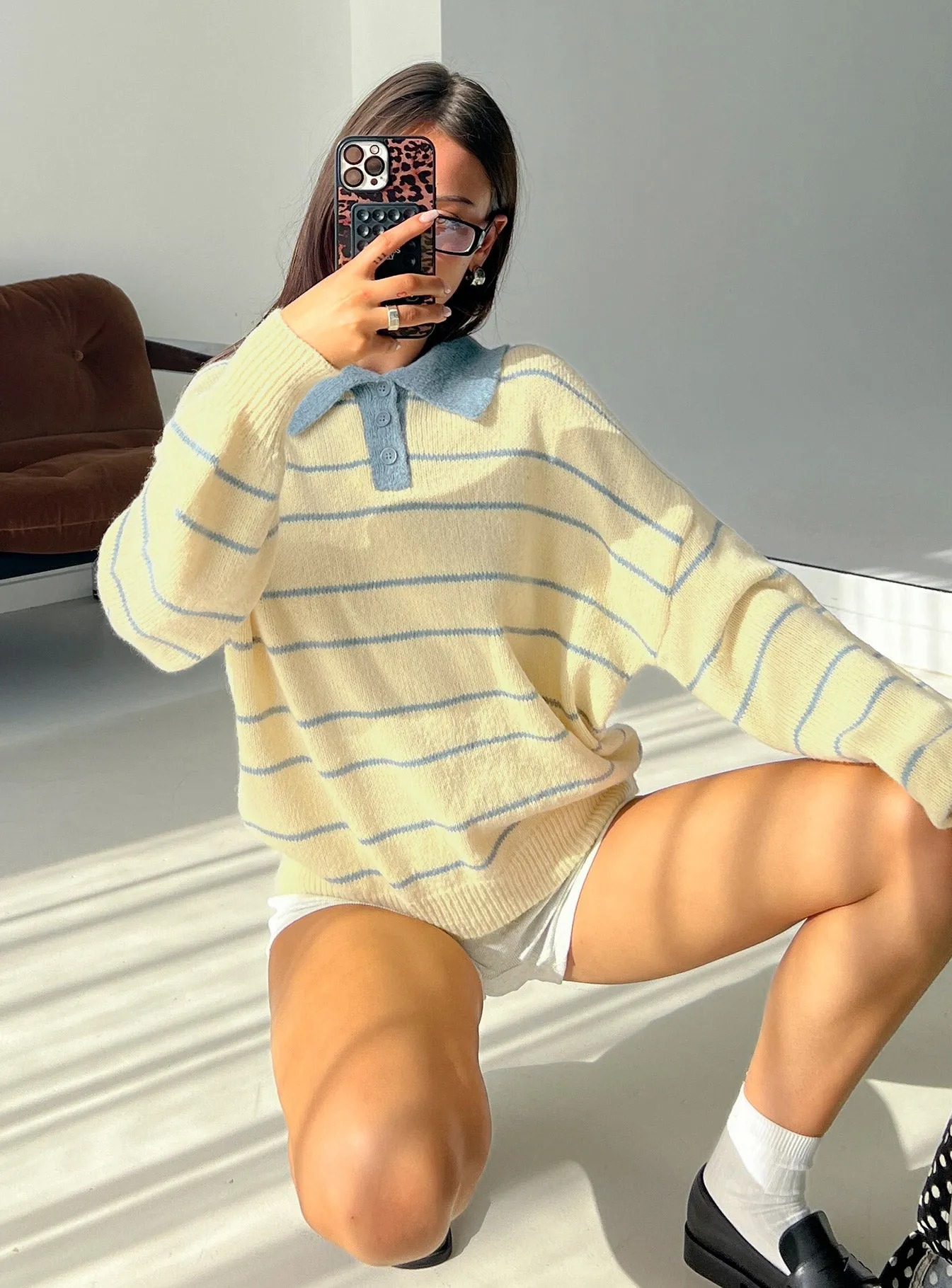 Minda Collared Knit Sweater Yellow Stripe sold by Princess Polly