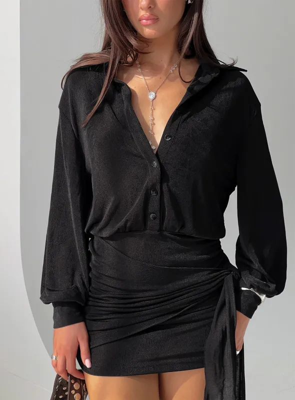 Lynton Long Sleeve Shirt Mini Dress Black sold by Princess Polly