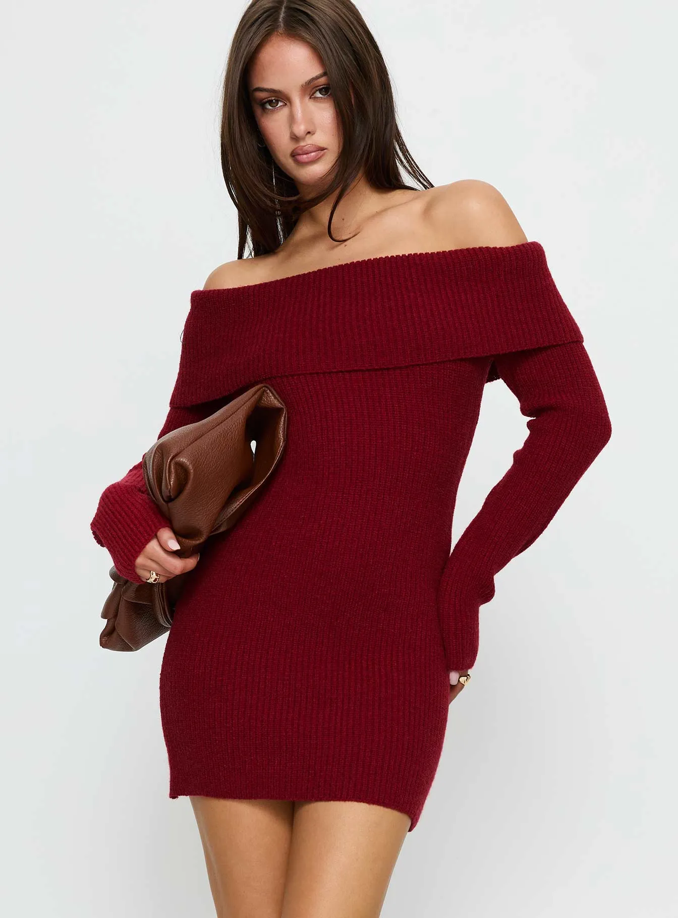 Noriko Long Sleeve Knit Mini Dress Burgundy sold by Princess Polly product image thumbnail 2