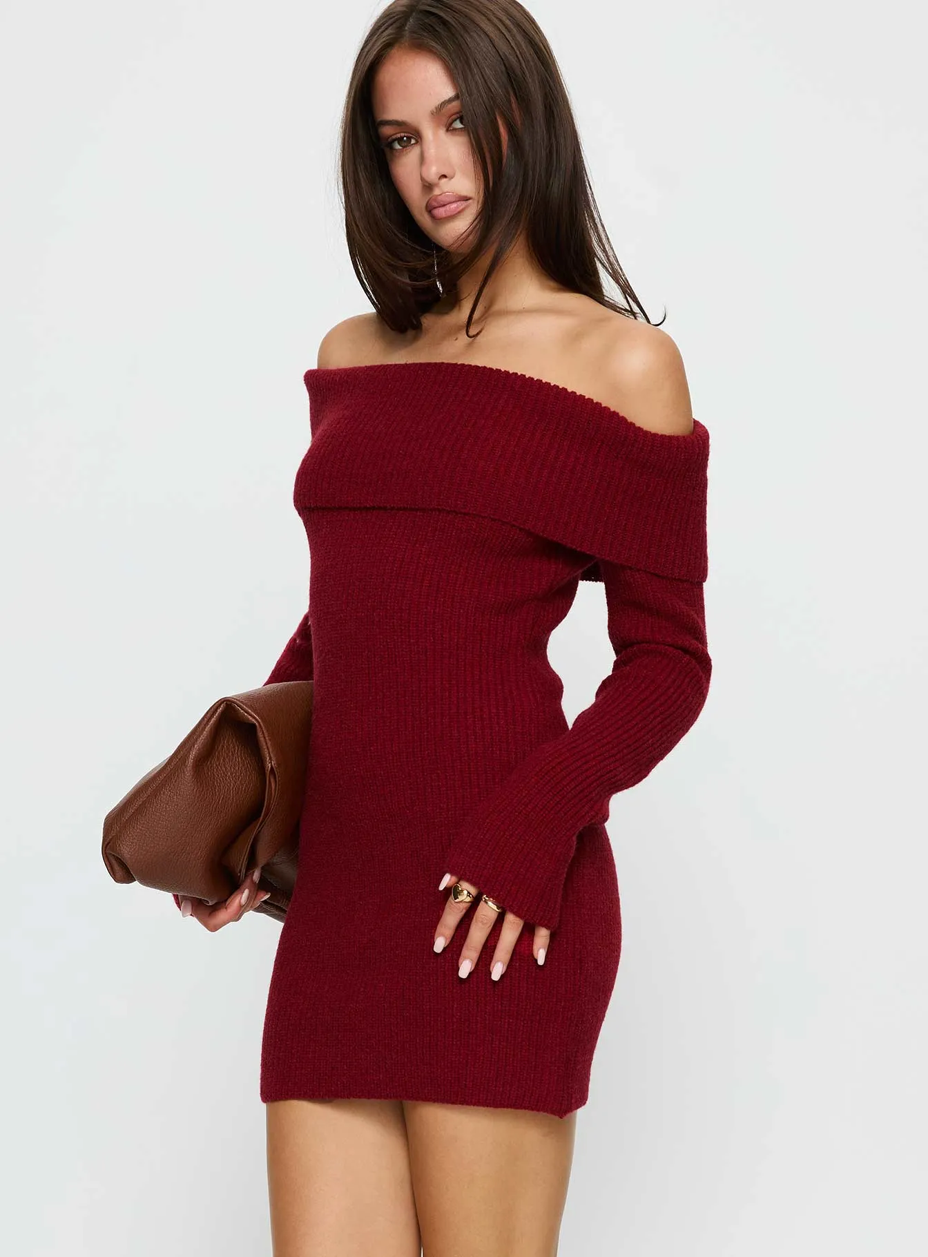 Noriko Long Sleeve Knit Mini Dress Burgundy sold by Princess Polly product image thumbnail 4