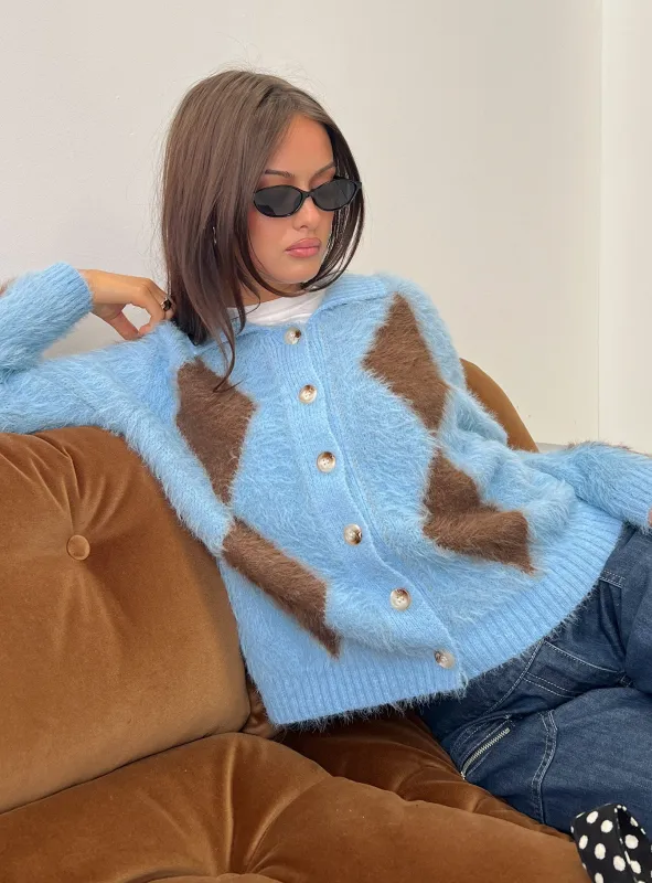 Lynnsey Fluffy Collared Knit Sweater Blue Argyle sold by Princess Polly