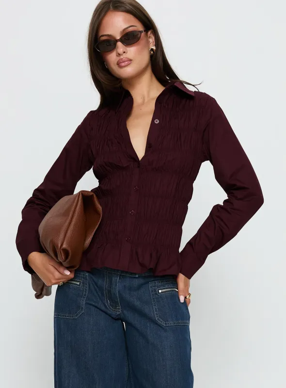 Cultivate Shirred Long Sleeve Top Plum sold by Princess Polly