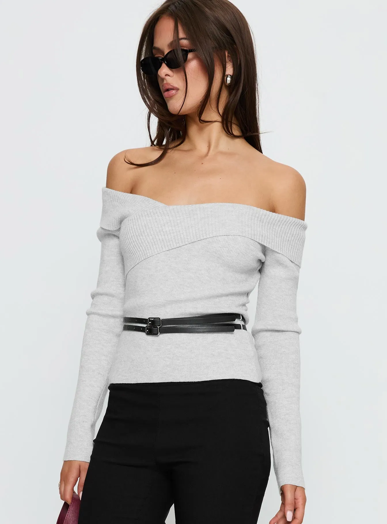 Ellenore Belt Detail Off Shoulder Top Grey sold by Princess Polly product image thumbnail 4