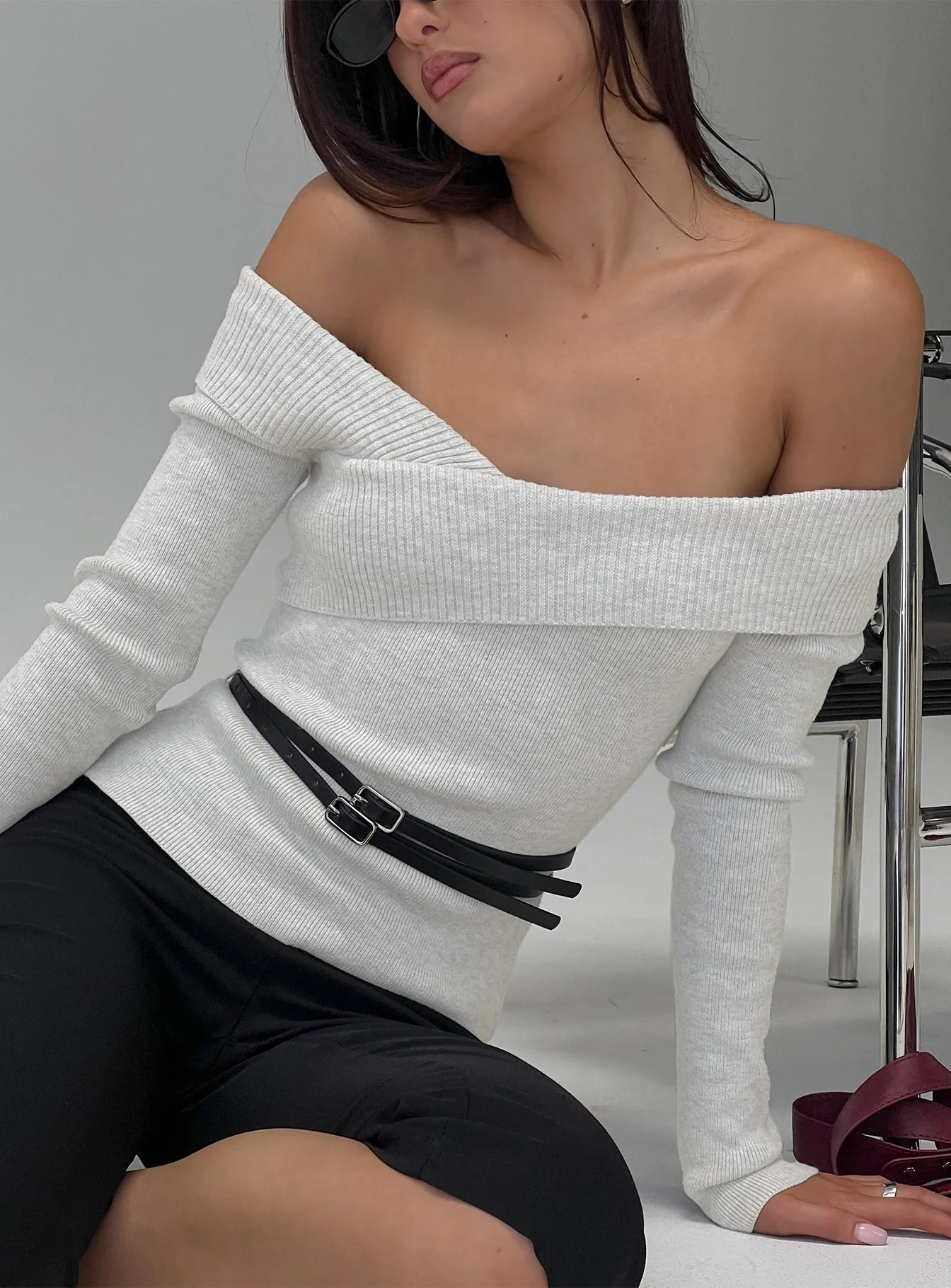 Ellenore Belt Detail Off Shoulder Top Grey sold by Princess Polly
