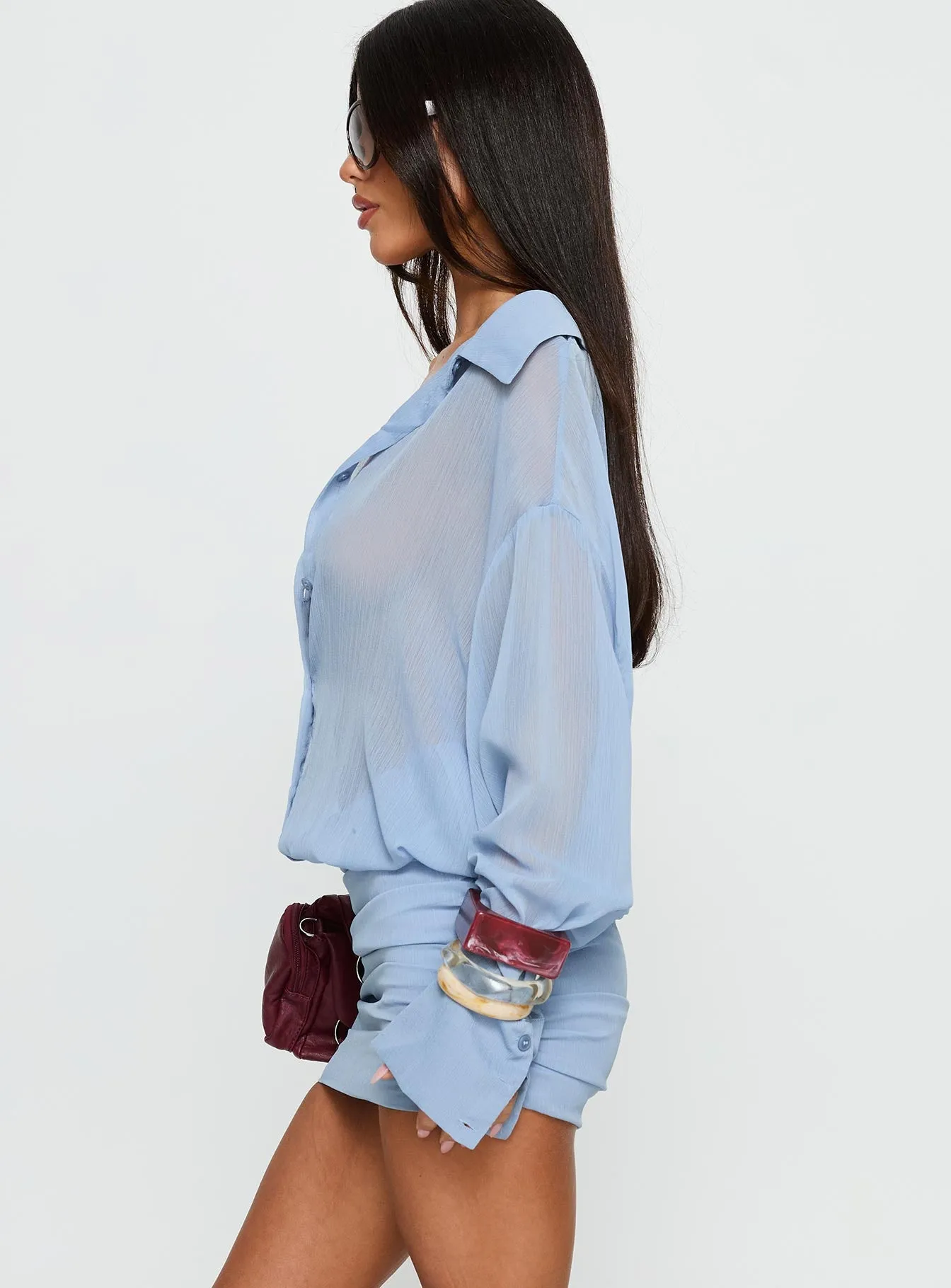 Moonrising Long Sleeve Sheer Blouson Mini Dress Blue sold by Princess Polly product image thumbnail 4