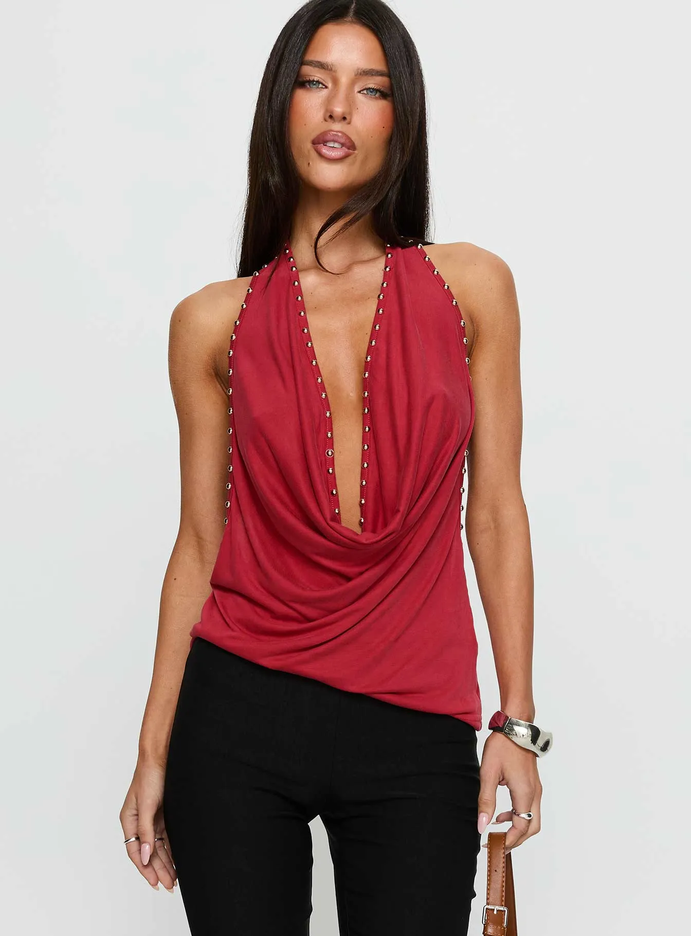 Khoda Studded Halter Top Burgundy sold by Princess Polly product image thumbnail 2