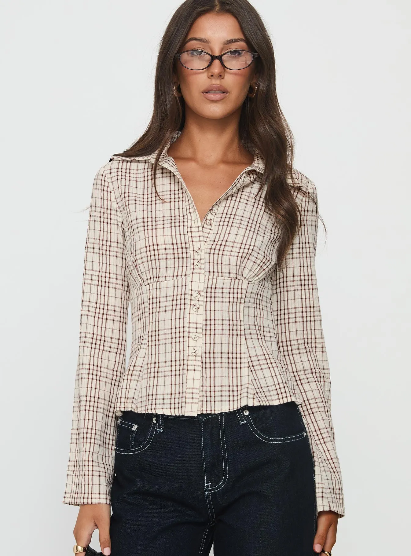 Cottesloe Long Sleeve Blouse Top Brown Check sold by Princess Polly product image thumbnail 2