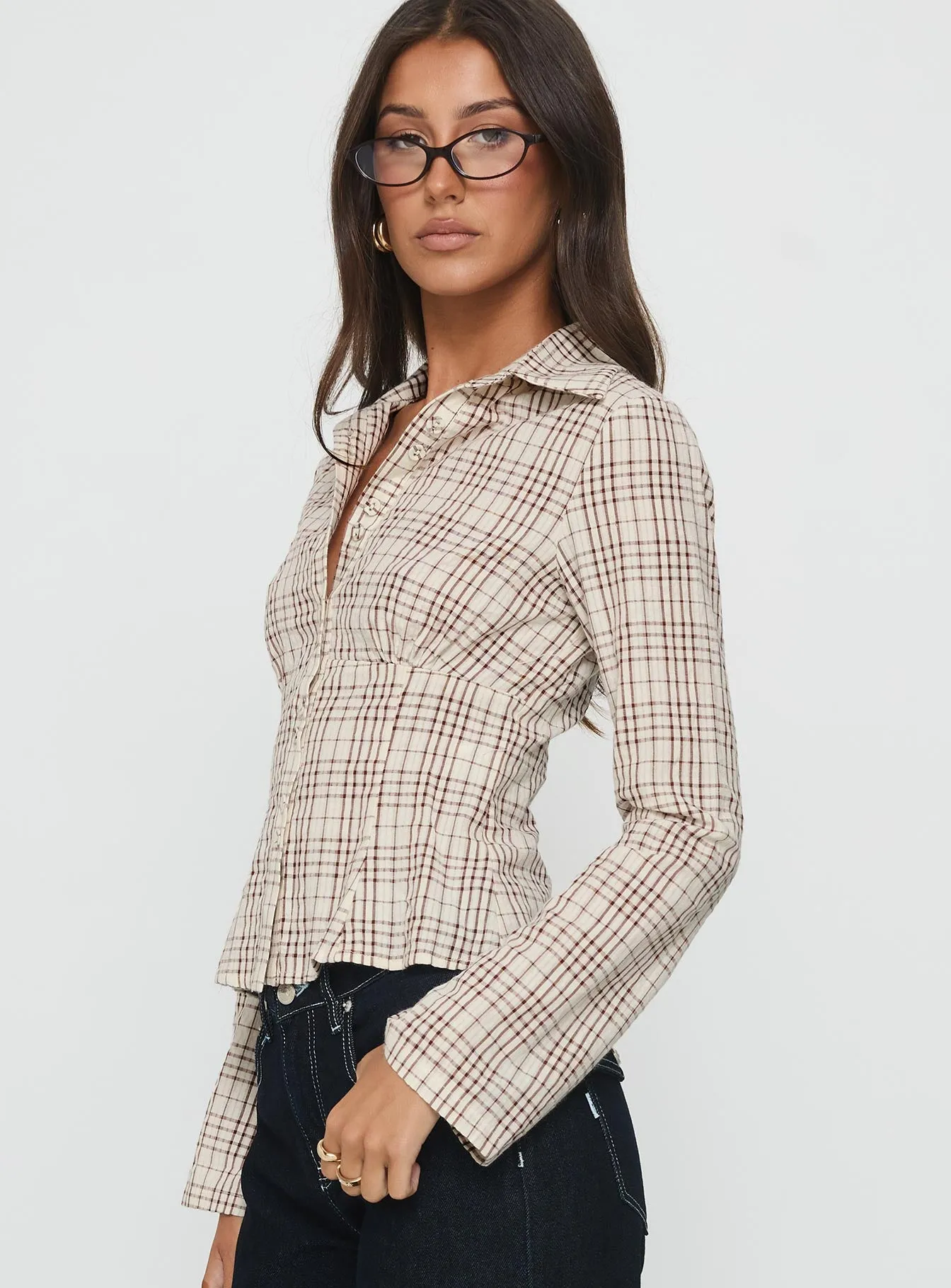 Cottesloe Long Sleeve Blouse Top Brown Check sold by Princess Polly product image thumbnail 4