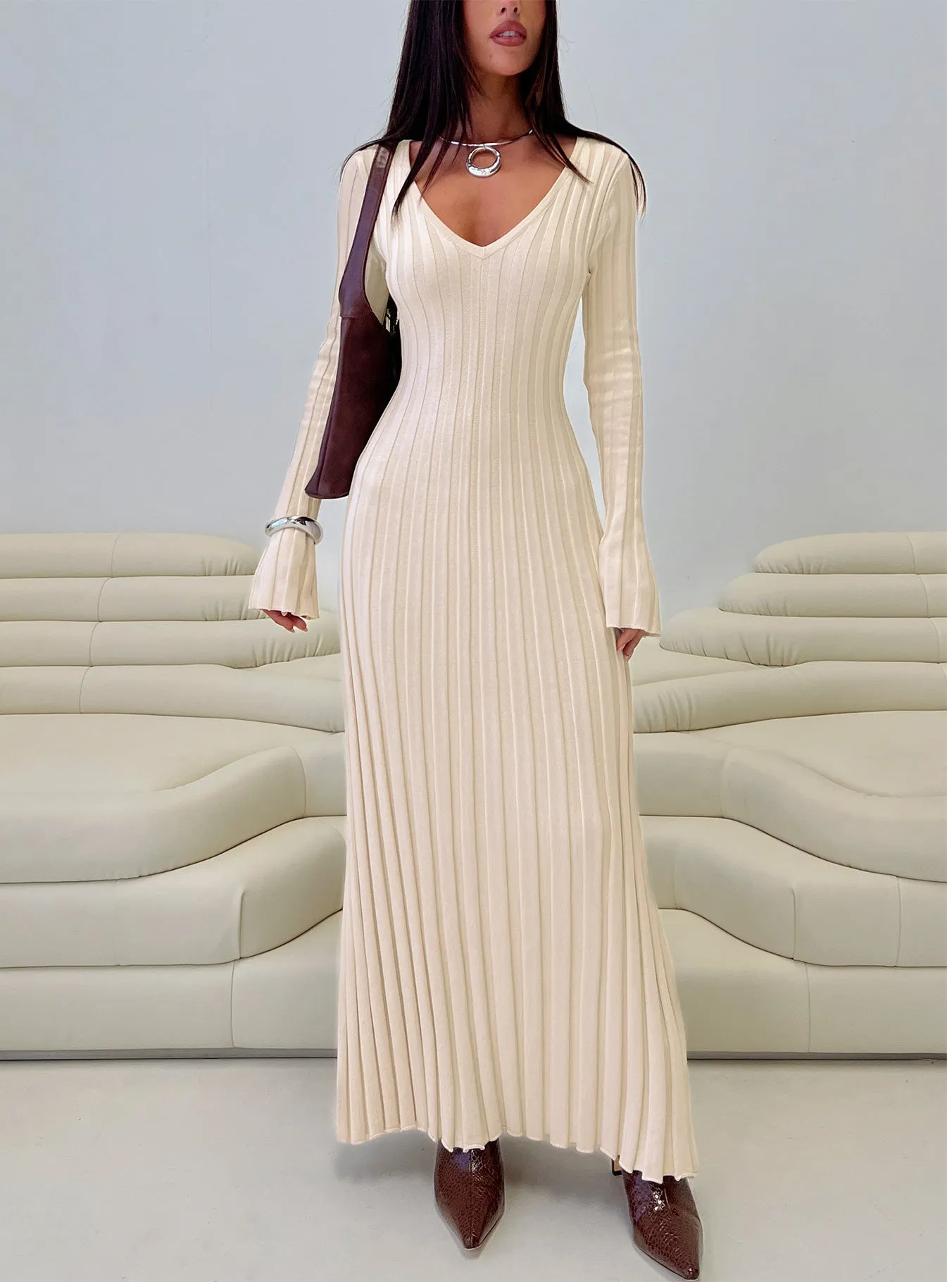Gratuita Long Sleeve Rib Maxi Dress Cream sold by Princess Polly