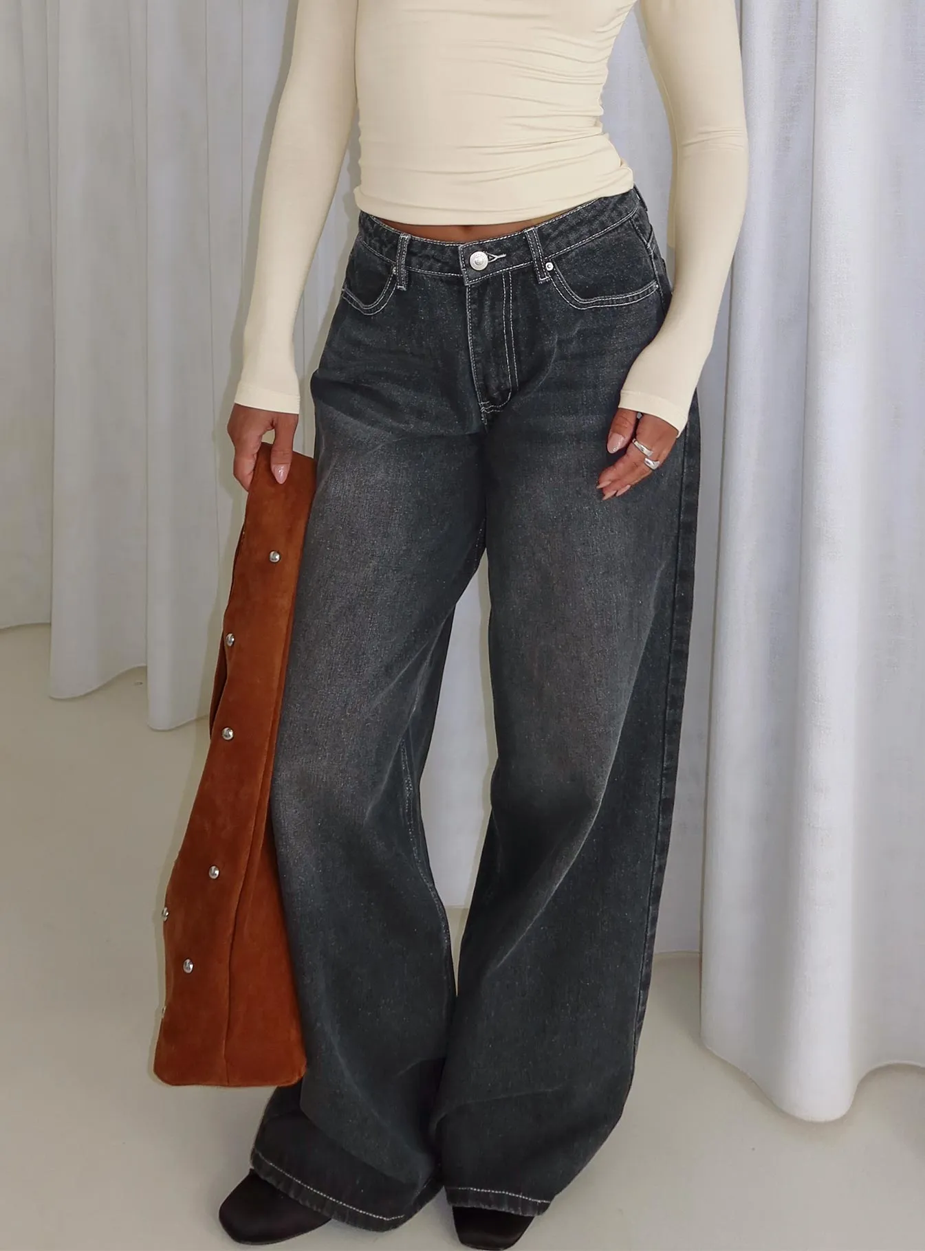 Naylor Mid Rise Wide Leg Jeans Grey Wash sold by Princess Polly