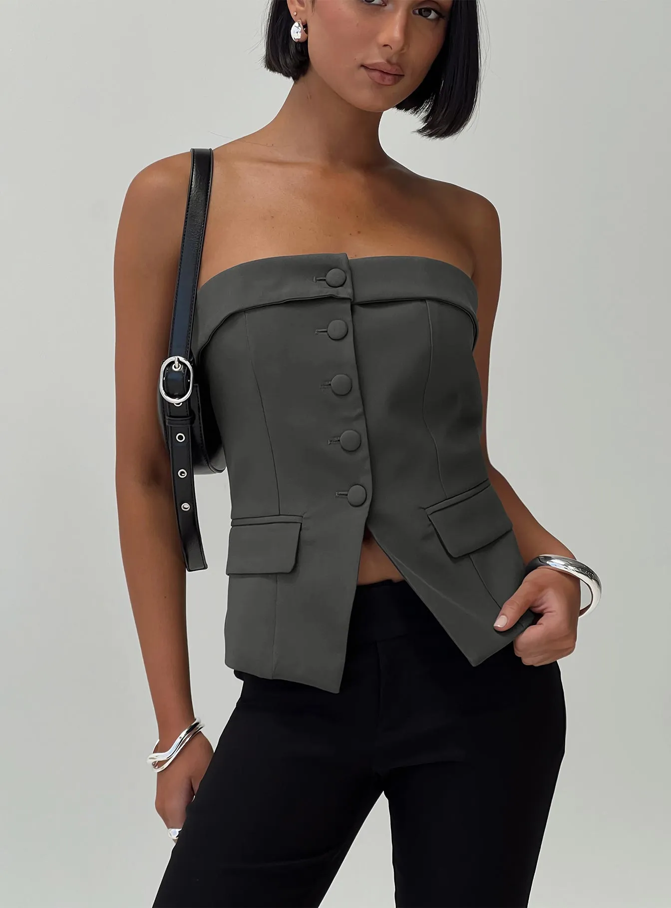 Change It Up Strapless Top Grey sold by Princess Polly