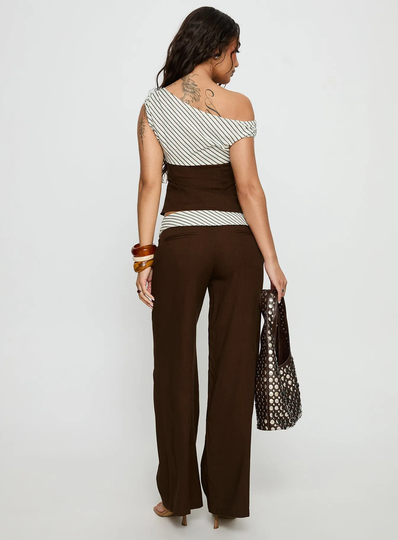 Past Life Fold Over Waistband Pant Brown / Stripe sold by Princess Polly product image thumbnail 5