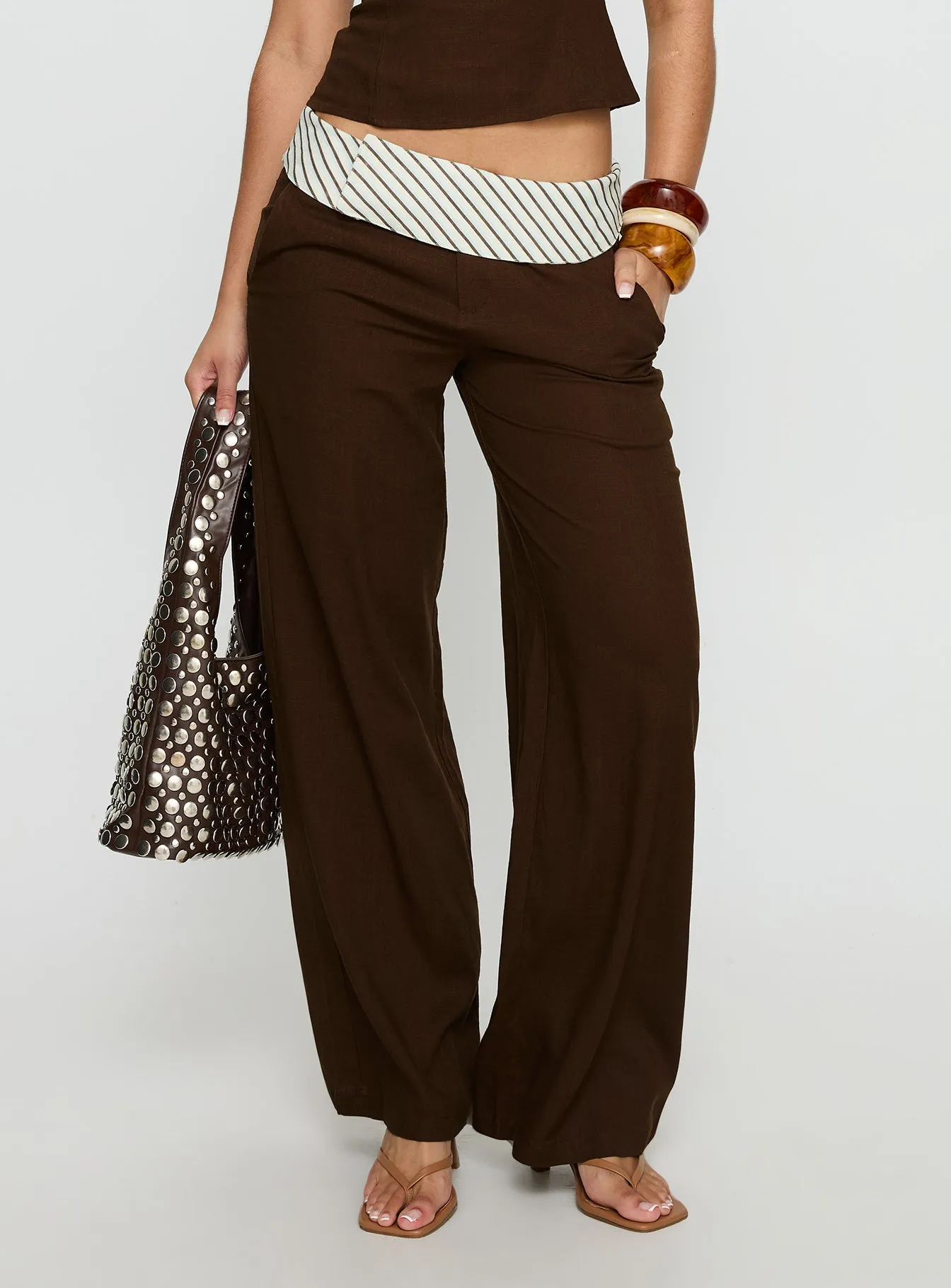 Past Life Fold Over Waistband Pant Brown / Stripe sold by Princess Polly product image thumbnail 2
