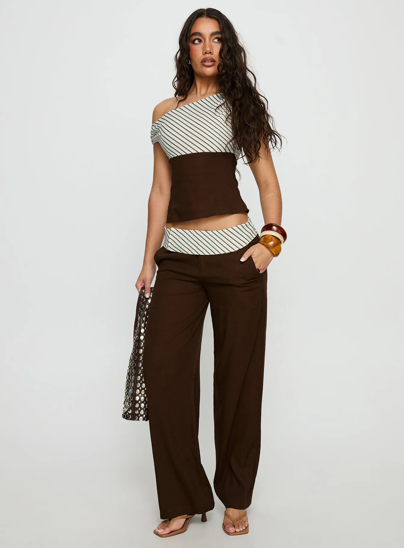 Past Life Fold Over Waistband Pant Brown / Stripe sold by Princess Polly product image thumbnail 3