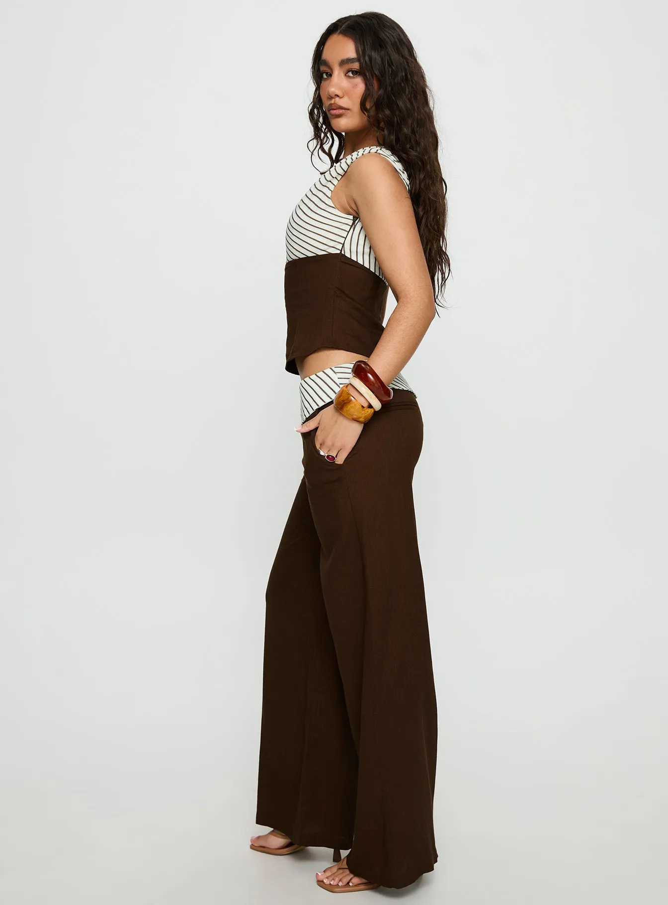 Past Life Fold Over Waistband Pant Brown / Stripe sold by Princess Polly product image thumbnail 4