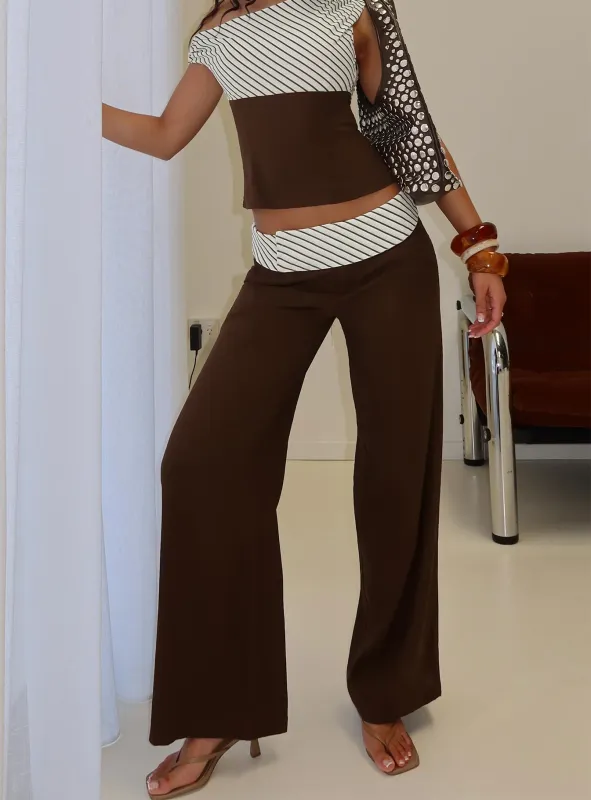 Past Life Fold Over Waistband Pant Brown / Stripe sold by Princess Polly