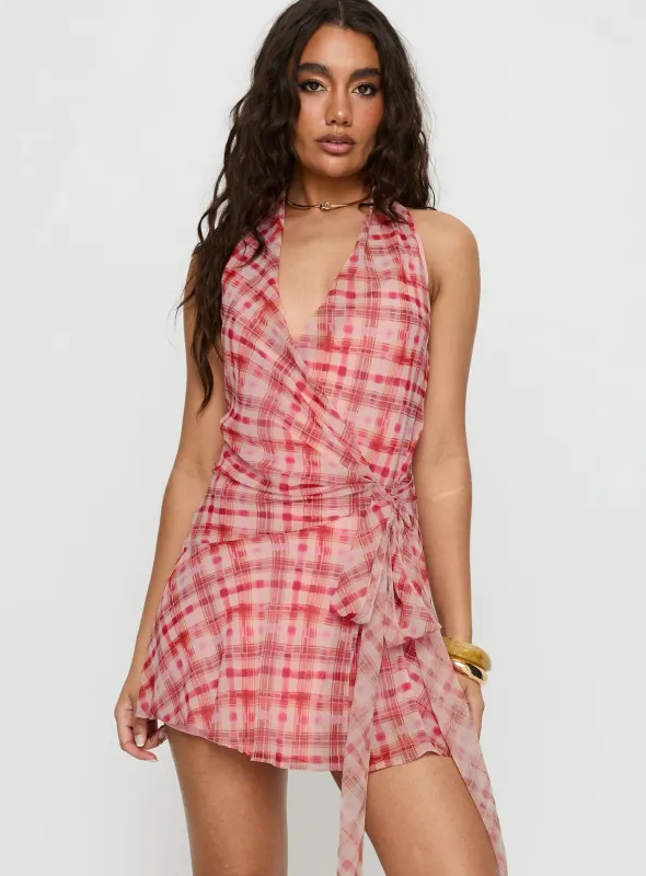 Brissa Halter Wrap Mini Dress Brown Orange Multi sold by Princess Polly