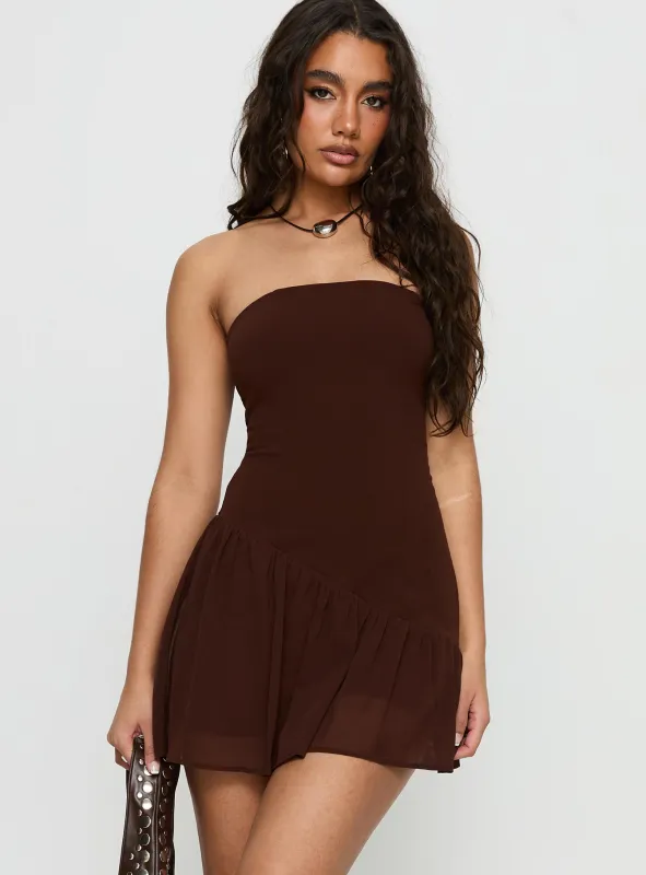 Hadlea Strapless Asymmetrical Mini Dress Brown sold by Princess Polly
