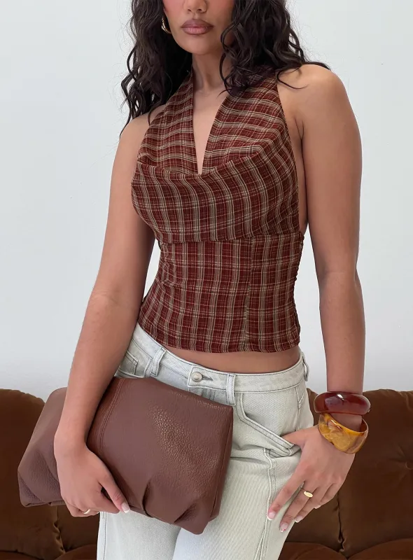 Kendia Plunge Halter Top Red Check sold by Princess Polly