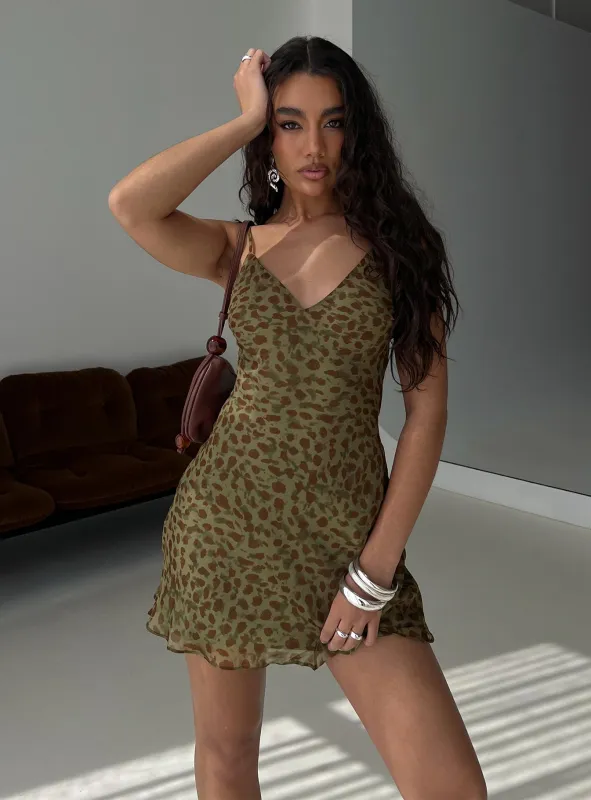 Ailyn V-neck Mini Dress Green Leopard sold by Princess Polly