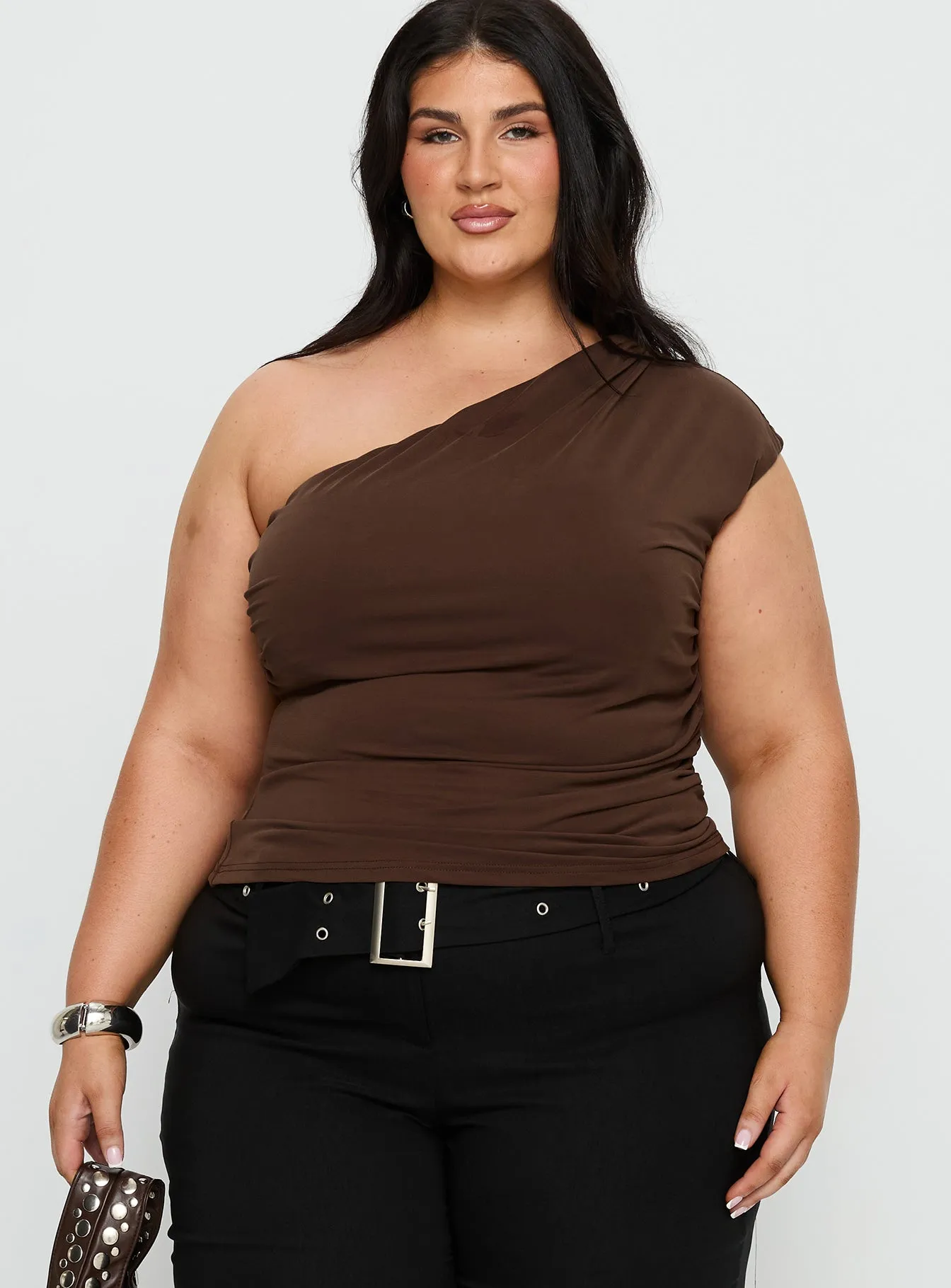 Amelyn One Shoulder Top Brown Curve sold by Princess Polly