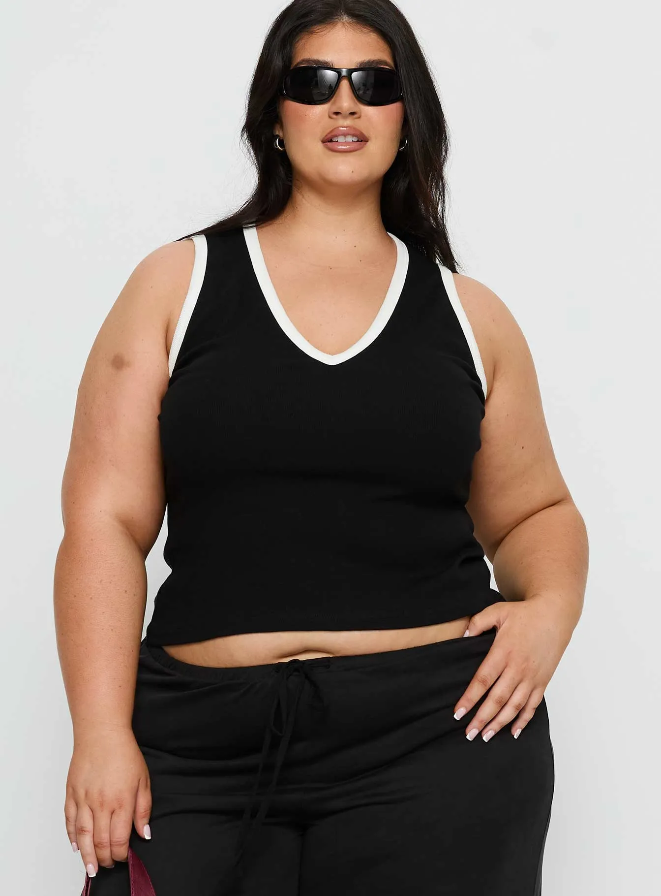 Baseline V Neck Rib Tank Top Black / White Curve sold by Princess Polly product image thumbnail 2