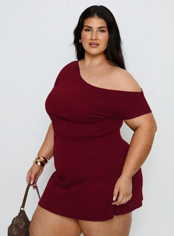 Prestige One Shoulder Mini Dress Burgundy Curve sold by Princess Polly