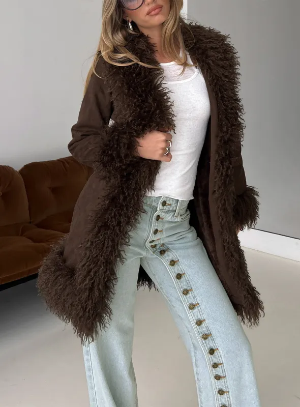 Josefina Faux Fur Detail Jacket Chocolate sold by Princess Polly