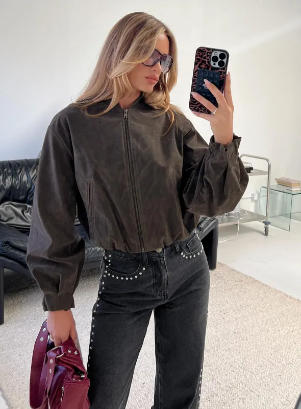 Mastery Faux Suede Bomber Jacket Charcoal sold by Princess Polly