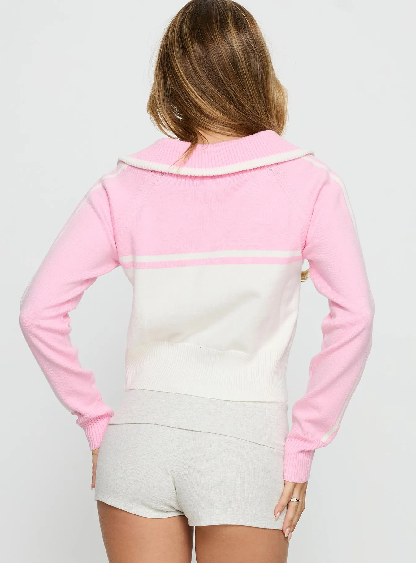 Take The Lead Zip Through Knit Sweater Pink / White sold by Princess Polly product image thumbnail 5