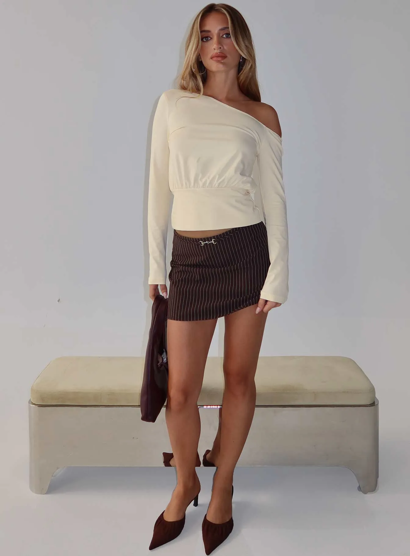 Yellena Buckle Mini Skirt Brown Pinstripe sold by Princess Polly