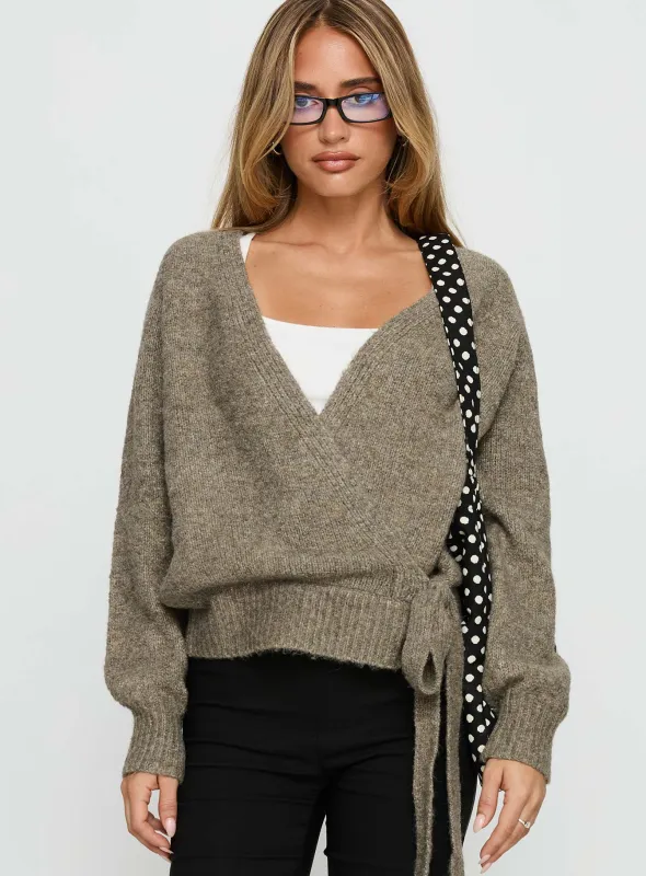 Daelan Wrap Knit Cardigan Brown sold by Princess Polly