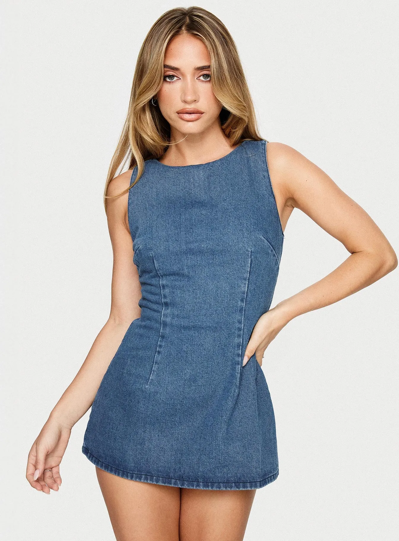 Ainsleigh Shift Denim Romper Mid Blue Wash sold by Princess Polly