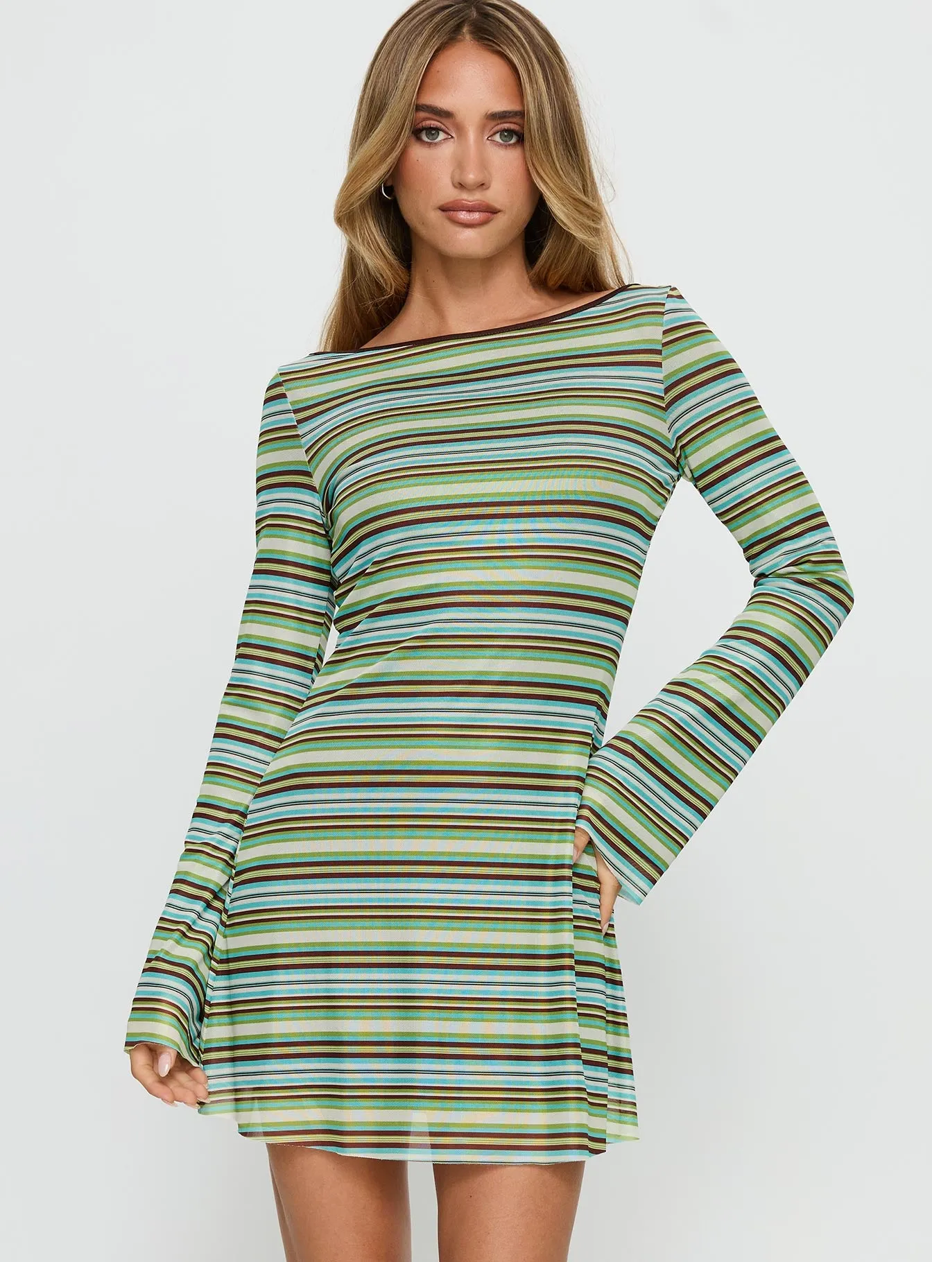Lukea Long Sleeve Mini Dress Green Stripe sold by Princess Polly product image thumbnail 2