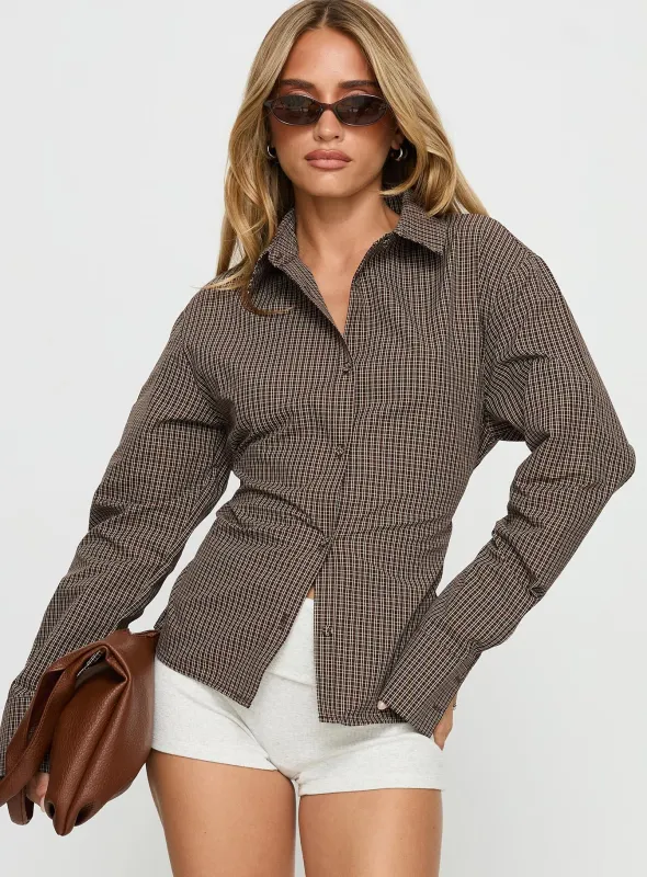 Xinia Tie Waist Long Sleeve Shirt Brown Check sold by Princess Polly