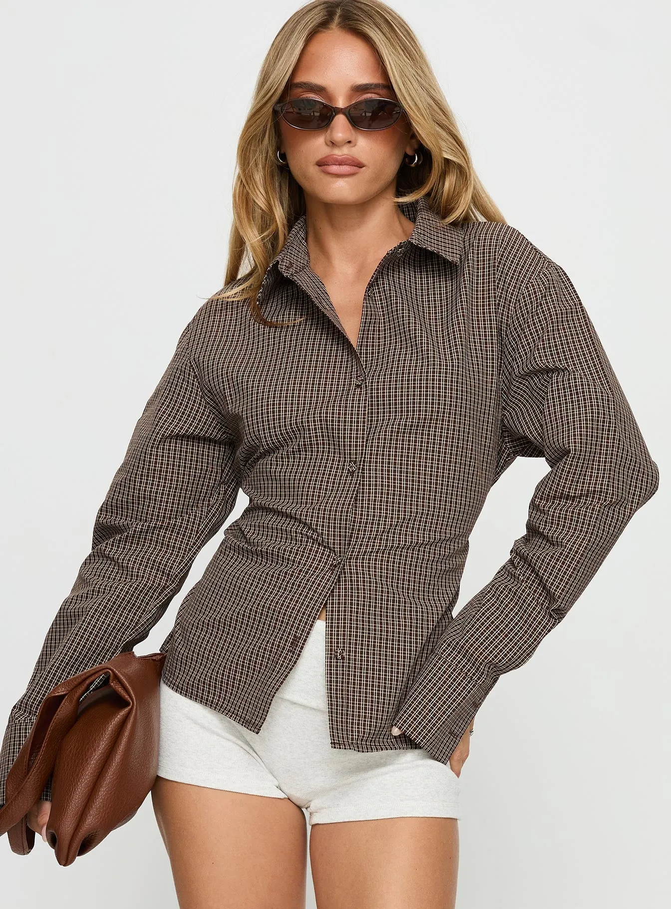 Xinia Tie Waist Long Sleeve Shirt Brown Check sold by Princess Polly