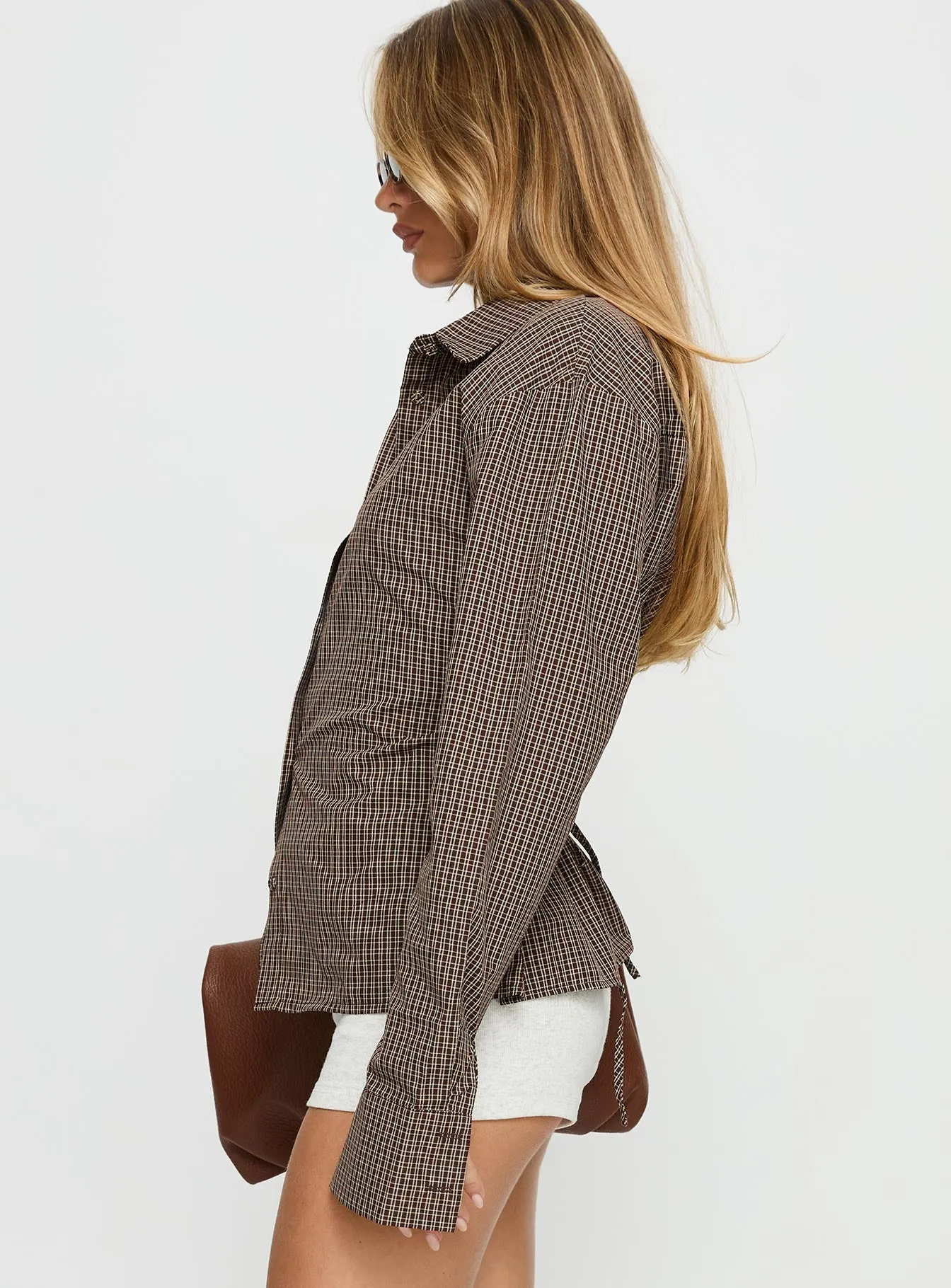 Xinia Tie Waist Long Sleeve Shirt Brown Check sold by Princess Polly product image thumbnail 3
