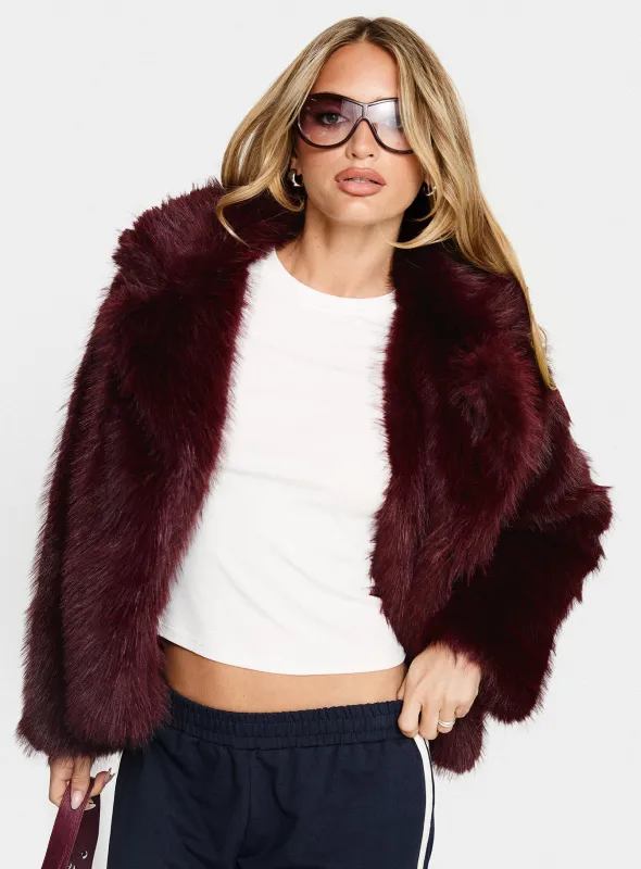 Liannah Faux Fur Jacket Red sold by Princess Polly