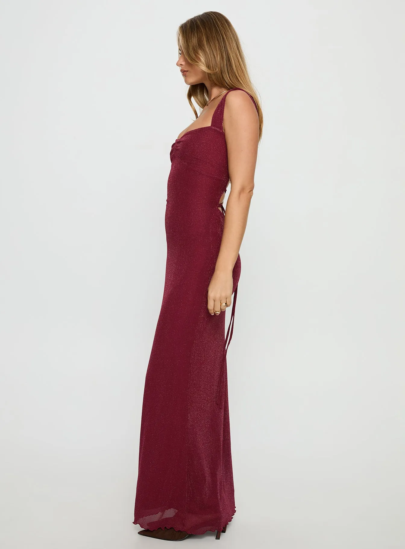 Crisanto Tie Up Ruched Maxi Dress Burgundy sold by Princess Polly product image thumbnail 3