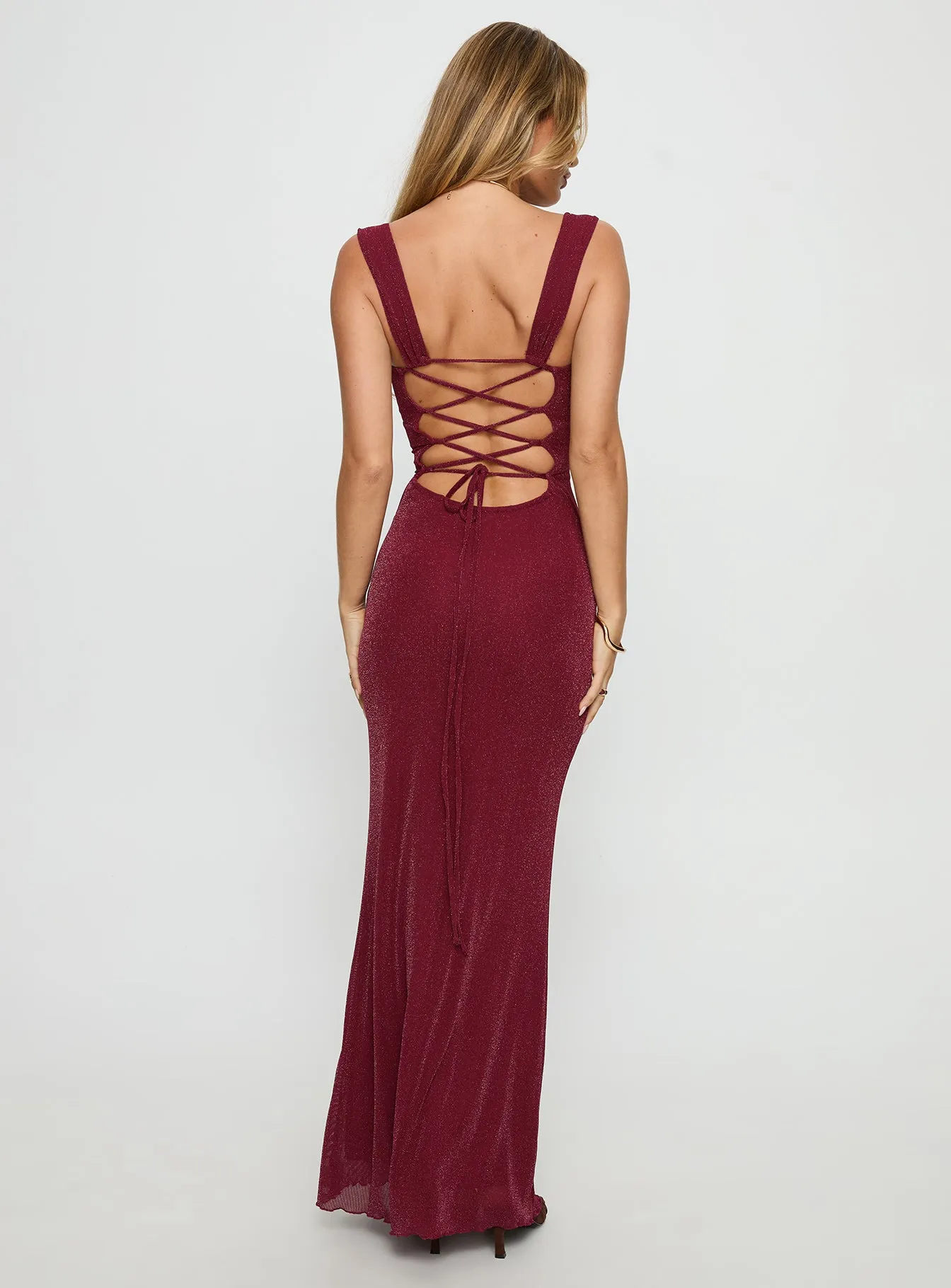 Crisanto Tie Up Ruched Maxi Dress Burgundy sold by Princess Polly product image thumbnail 4