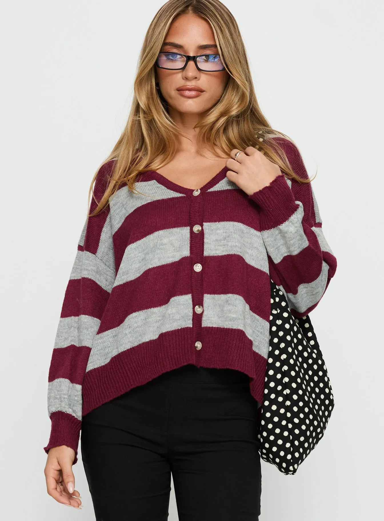 Devvon V Neck Knit Cardigan Red Stripe sold by Princess Polly