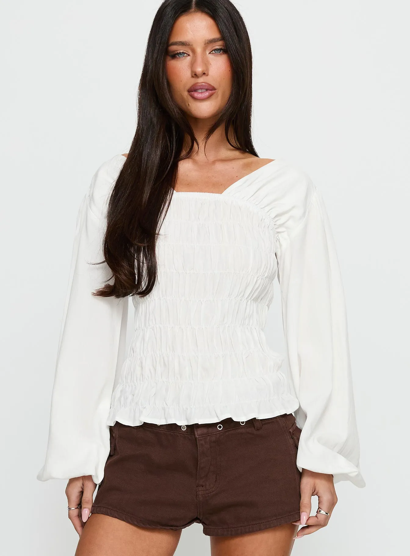 Lynnea Long Sleeve Shirred Top White sold by Princess Polly product image thumbnail 2