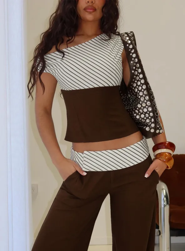 Past Life One Shoulder Top Brown / Stripe sold by Princess Polly