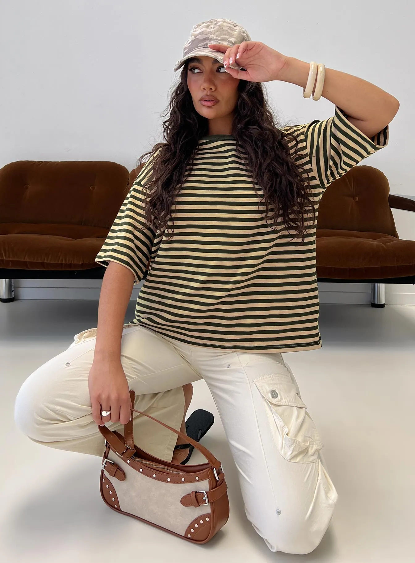 Settle Down Short Sleeve Top Green / Cream Stripe sold by Princess Polly