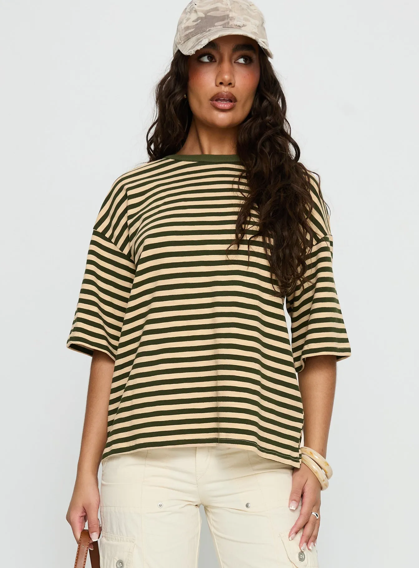 Settle Down Short Sleeve Top Green / Cream Stripe sold by Princess Polly product image thumbnail 2