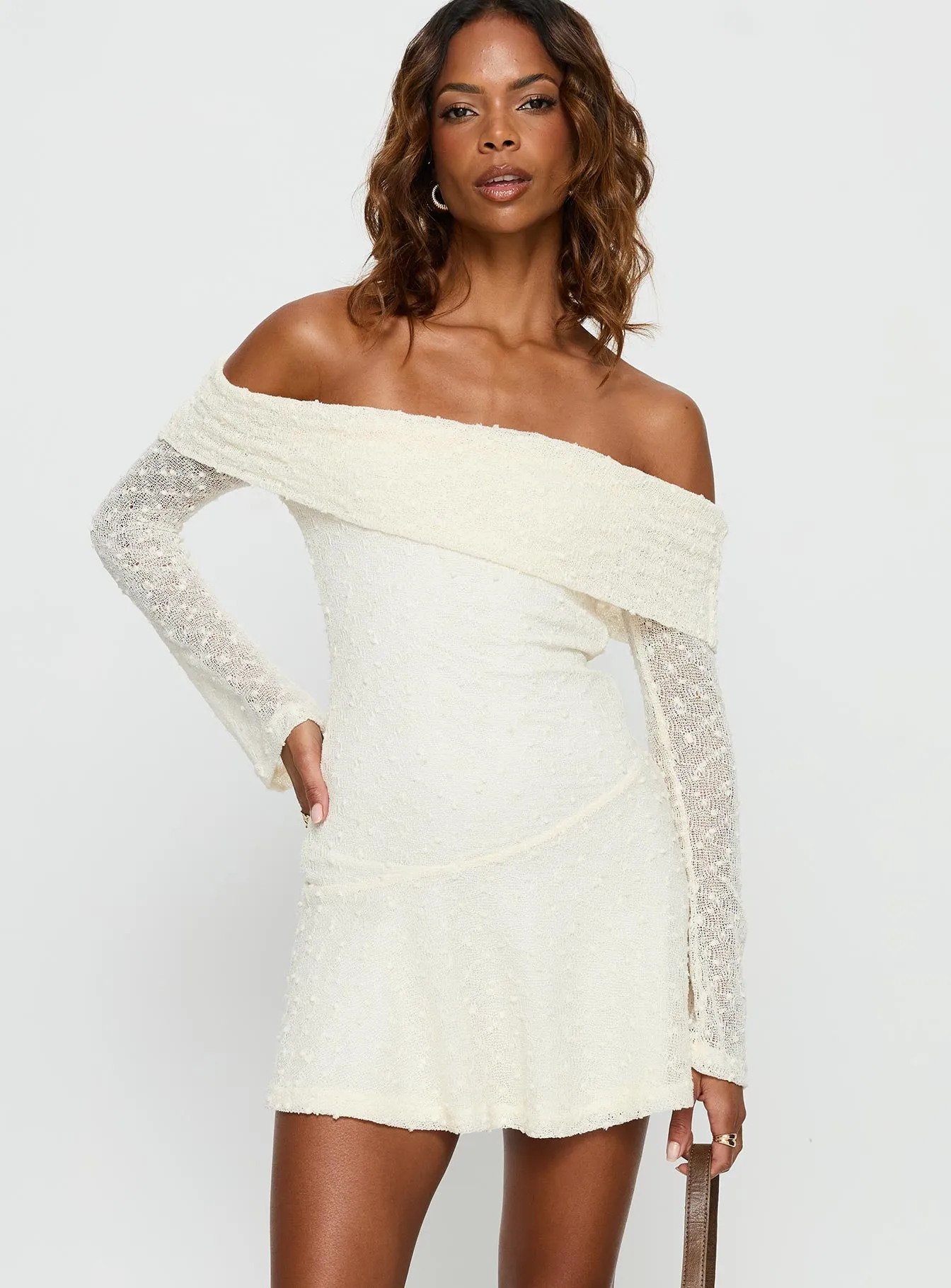 Ivee Off Shoulder Long Sleeve Mini Dress Cream sold by Princess Polly product image thumbnail 2